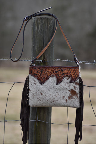 Crossbody Bag Hair On Cowhide with Tooled Leather CC
